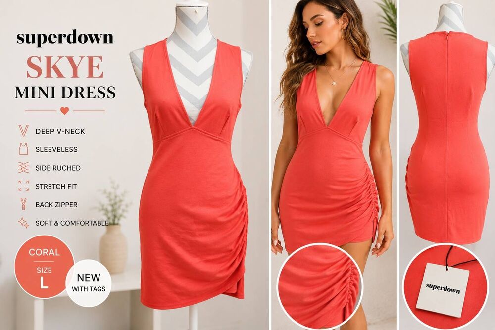 Superdown Skye Mini Dress Coral Deep V Sleeveless Ruched Bodycon Women's L NWT